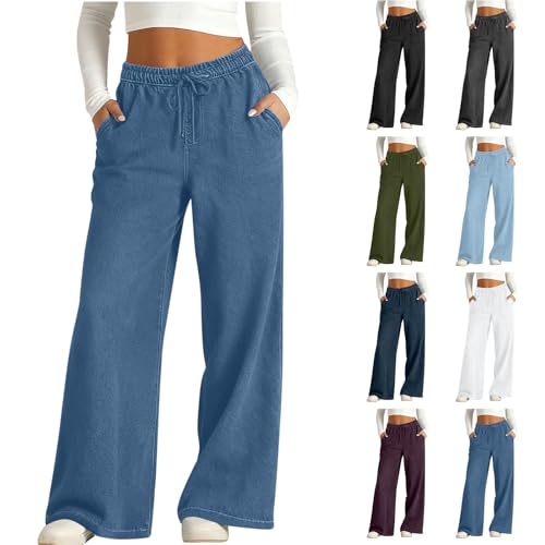 Generico Jeans Baggy Donna Jeans a Vita Alta con Tasche Taglio Dritto Pantaloni a Gamba Larga Tinta Unita Leggeri Comodi Pantaloni in Denim vestibilità Sciolta Fitness e Sport di Tempo Libero