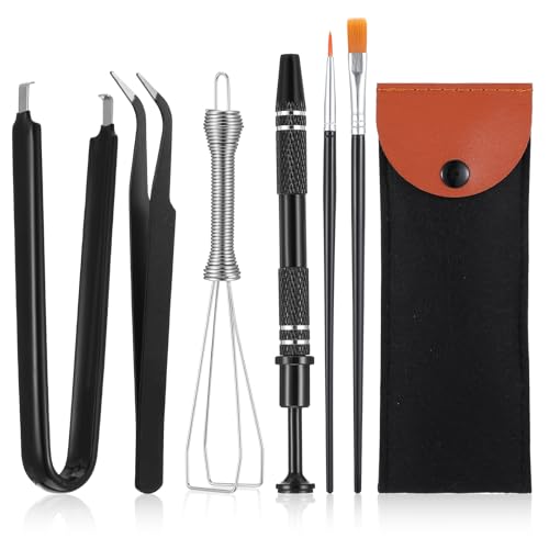 JJUNW Keyboard Remover Tool Kit-6-Piece Set, Keycap Puller, Switch Puller, Lubricating Pen, Cleaning Brush, Tweezers, 4-Jaw Gripper, and Key Cap Puller for Mechanical Keyboards with Black Felt Bag