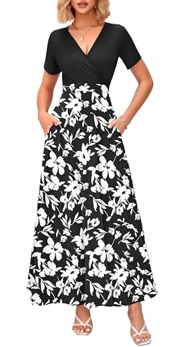 Image of WNEEDU Women's Summer Maxi Dress Short Sleeves Wrap V Neck Long Dresses with Pockets