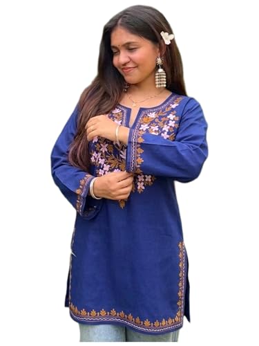 Image of GoSriKi Short Kurti for Women Viscose Embroidered | Kurti for Woman Regular Fit | Round Neck V Slit Full Sleeve Stylish Ladies Top Ethnic Wear Womens Clothing Trendy Kurta Tops