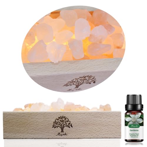 Image of Himalayan Pink Salt Lamp Diffuser with Wood Base - 300g Natural Salt, USB Powered, Warm Light & 10ml Gardenia Essential Oil Set for Aromatherapy, Relaxation, Meditation, Home Decor, Gifts