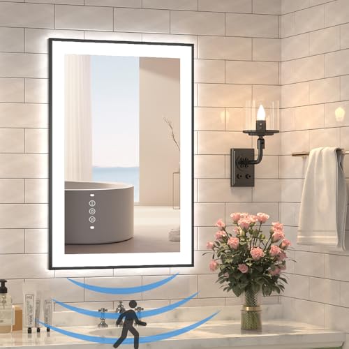 24'x32' Black Framed LED Mirror for Bathroom, Body Sensor Wide Front & Back Light, Dimmable...