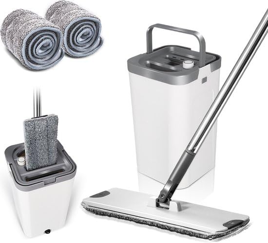 Dweil - Dweilsysteem - Vloerwisser - Emmer met Wringer - Vlakke dweil met EEN emmer met EEN tweekamerpers, dweil, emmer, Handy Mop - Dweilsysteem - Vloerwisser - Emmer met Wringer