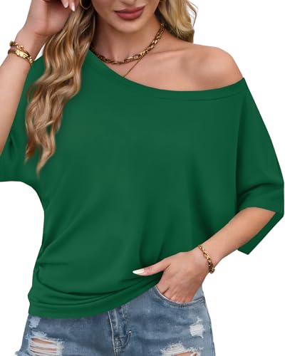 Image of Hilinker Womens Sexy Off The Shoulder Tops Short Batwing Sleeve T Shirt Oversized Casual Tee