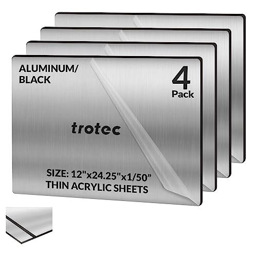 Trotec | Thin Acrylic Sheet | 4 Pcs | Aluminum/Black | Matte, Gloss & Brushed metal Finish | 24.25”x12”x 1/50” | 2 Ply | Acrylic Panels for Laser Engraving, Trophy Plates, Interior Signs & Badges