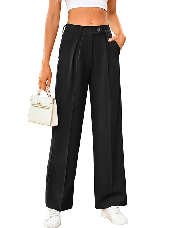 Womens Casual Wide Leg Suit Pants Trendy High Waisted Button Pleated Dress Pants 2 Pcoekts Work Trousers 2025