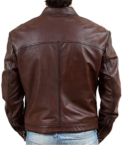 Image of Men Biker Retro Brown Leather Motorcycle Jacket Genuine Leather Jacket