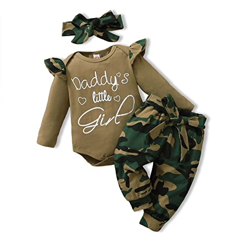 Image of AMAWMW Baby Girl Clothes Set Daddys Little Girl Ruffle Romper Top Camouflage Pants Newborn Infant Baby Girl Outfit