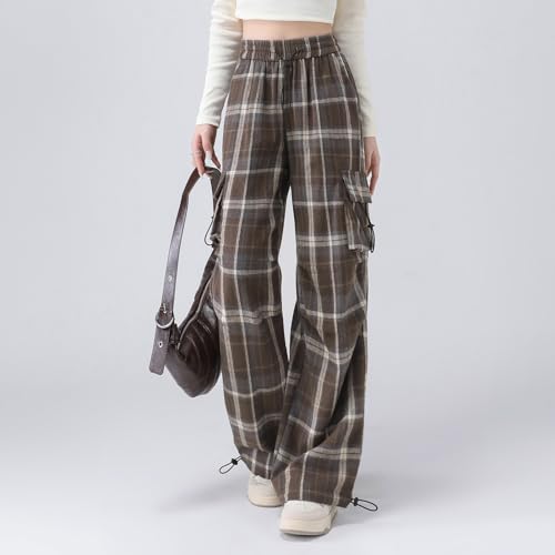 Women's Plaid High-Waisted Cargo Pants Loose Flowy Straight-Leg Fit Trousers3