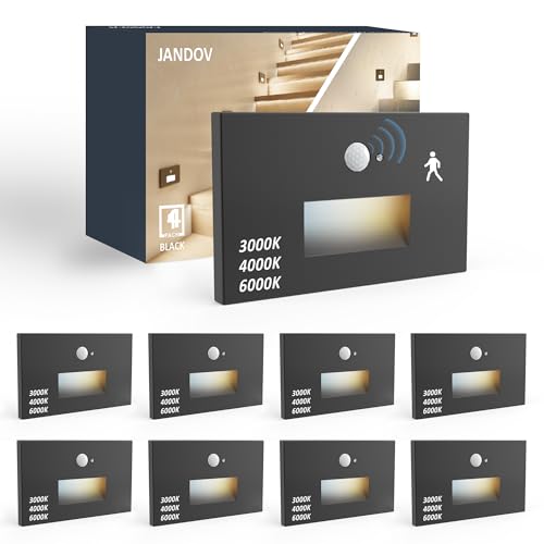 Jandov 8 Pack Motion Sensor Stair Lights Indoor Outdoor,Dimmable Motion Activated Step Lights 3000K/4000K/6000K,Hardwired 120V 3W Ip65 Waterproof Outside Stairway Lights,Led Staircase Lights- Black cover