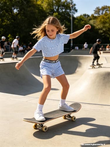 Image of Betusline Girls Summer 2 Piece Outfits,Kids Short Sleeve Crop Top & Shorts Set with Side Pockets