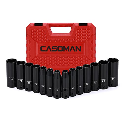 CASOMAN 1/2-Inch Drive Deep Impact Socket Set, Metric, Cr-V, 6-Point, 10 mm - 24 mm, 14-Sockets Set Deep Impact Socket, 14-Piece