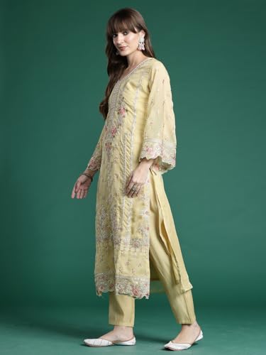 Image of INDO ERA Women Organza Straight Ethnic Motifs Embroidered Kurta And Pant With Dupatta Set (KH9YL10613)
