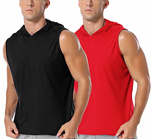 Babioboa Men s 2 Pack Workout Hooded Tank Tops Sleeveless Gym Hoodie Bodybuilding Muscle Cut Off T-Shirts Black Red