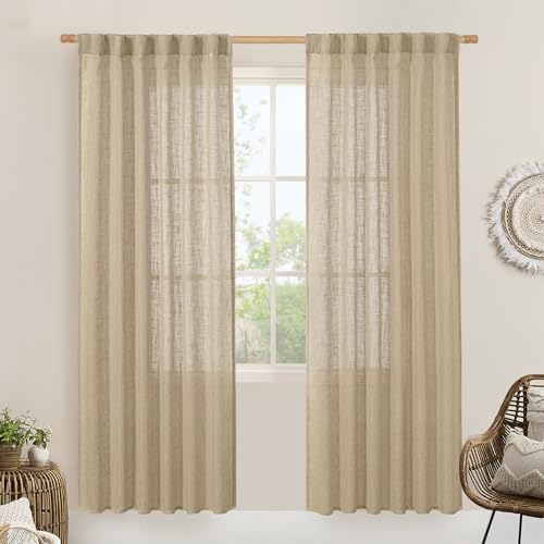 LAMIT Light Filtering Linen Curtains 78 inch for Bedroom, Faux Linen Textured Semi Sheer Back Tab and Rod Pocket Boho Modern Drapes for Living Room/Farmhouse, Brown, 2 Panels, 52 x 78 Inch