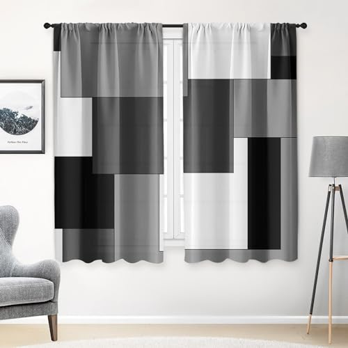 Tayney Black Grey Kitchen Curtains 63 Inch Length Geometric Window Curtains Set of 2, Gray White Curtain for Bedroom Living Room, Modern Abstract Kitchen Decor 42x63 Inch