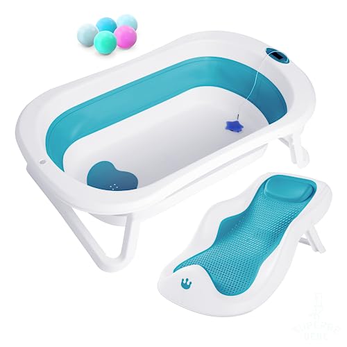 Bañera bebe plegable con asiento de baño antideslizante/Baño con termómetro para controlar la temperatura del agua/Desde el nacimiento hasta los 3 años
