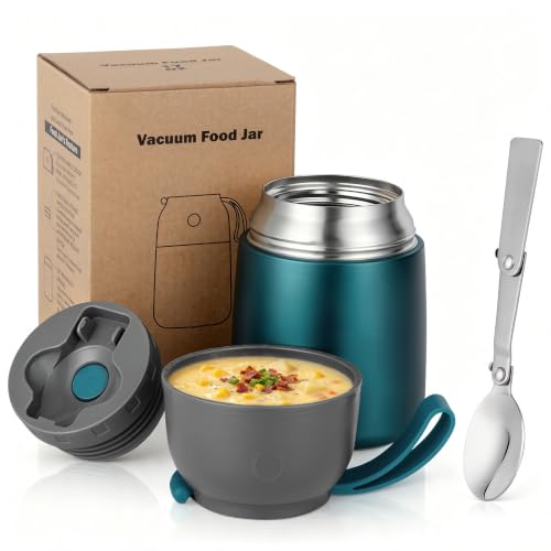 Image of Insulated Thermo Food Jar for Hot & Cold Food for Kids Adult, 17 oz Soup Thermal Hot Food Containers for Lunch, Triple Layer Insulation Stainless Steel Food Jar with Spoon (Green)