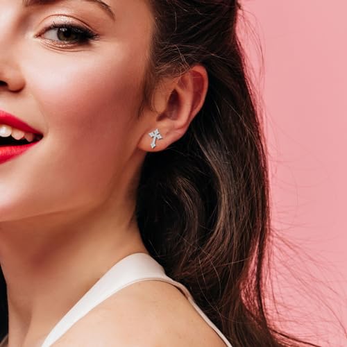 Sterling Silver Cross Stud Earrings for Women Men, CZ Cross Stud Hypoallergenic Jewelry Gift3