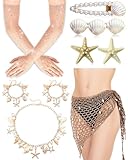 Coume 9 Pcs Halloween Mermaid Cosplay Costume Women Crochet Skirt Rhinestone Long Fishnet Gloves Necklace Bracelets Hair Clip