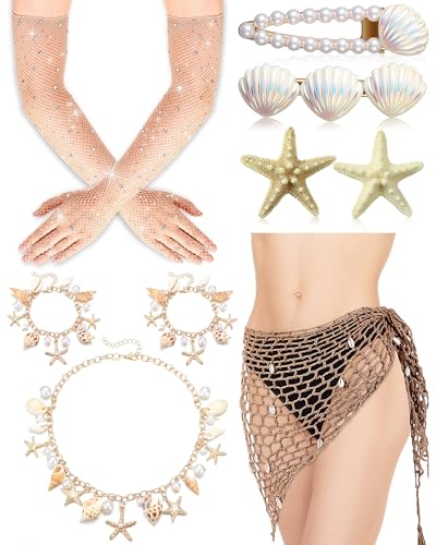 Coume 9 Pcs Halloween Mermaid Cosplay Costume Women Crochet Skirt Rhinestone Long Fishnet Gloves Necklace Bracelets Hair Clip