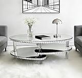 Maotifeys Modern Silver Mirror Coffee Table for Living Room Luxury 43' Oval Glass Coffee Tables with Crystal Trim and Acrylic Legs Elegant Mirrored Center Table with Storage Shelves