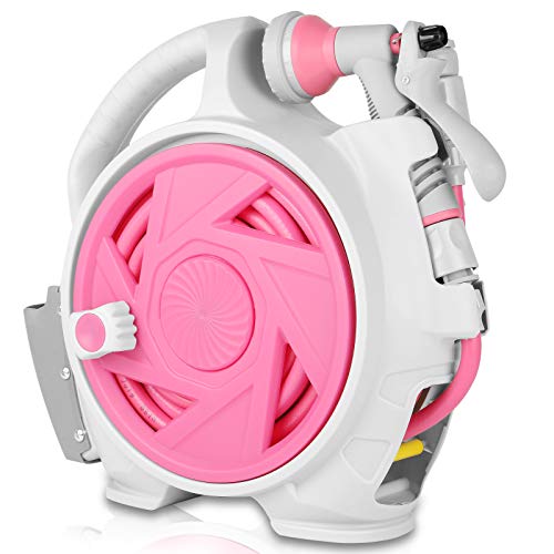 Wofeili Garden Retractable Hose Reel, Portable Simple Home Hose Reel 45+5 FT with 7 Patterns Spray Nozzle, Wall Mounted and Any Length Lock for Garden Watering, Car Washing, Pet (Red Rose) by Wofeili - Used condition - US$50.47