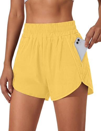 BMJL Women's Running Shorts Elastic High Waisted with Pockets, 2.5' Sporty Workout Quick Dry Athletic Shorts(S,Golden Yellow)