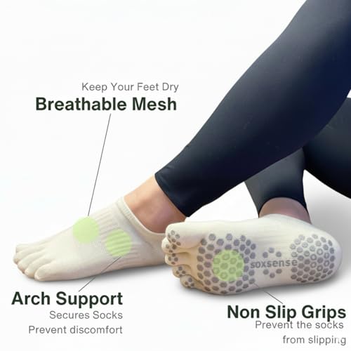 Image of Soxsense Pilates Grip Toe Socks for Women & Men, Cushioned Low-Cut Five Finger Socks Non Slip for Yoga, Barre, Gym