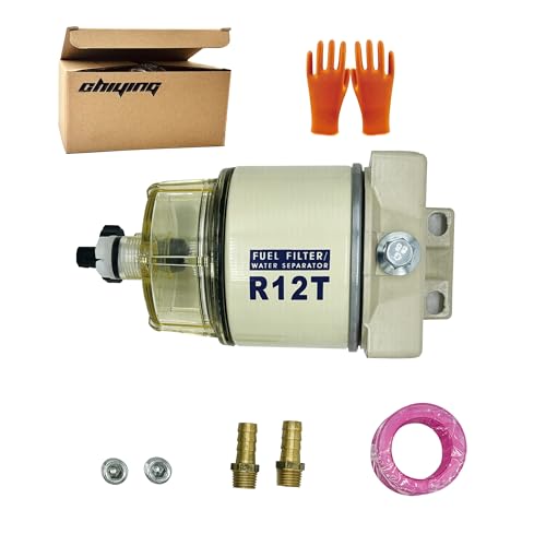 CHIYING R12T Marine Fuel Water Separator Kit Replace S3240 120AT with 10 Micron Filter Fit 1/4 Inch NPT Outboard Motors Includes 2 fittings,2 plugs