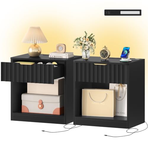 Image of TEENFON Fluted Nightstands Set of 2, Night Stand with Charging Station and LED Light, Nightstand with Storage Drawer and Open Shelf, Bedside Table for Small Space, Bedroom, Black