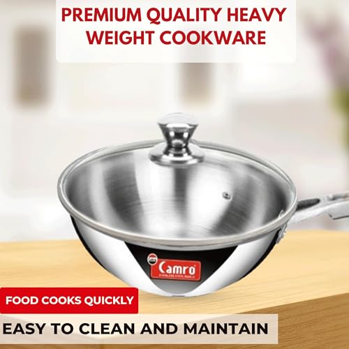 Image of Camro Triply Artisian Deep Fry Pan 1.8 Liters with Glass Lid | Steel Pan | Induction Friendly | Omelette | Gas Stove Compatible | Dishwasher Safe | 6 Years Warranty
