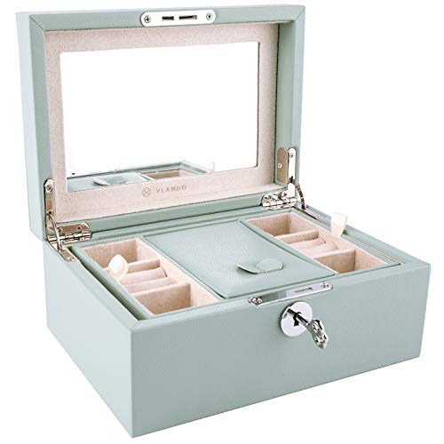 Vlando Lockable Jewelry Box, Two Tray Jewelries Collections Organizer, Girls Gift -Aqua Green