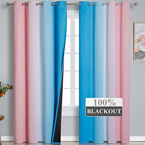 Pink and Blue Blackout Curtains 84 Inches Long,Ombre and Wave Line Pattern Grommet Thermal Insulated Gradient Blackout Curtains for Bedroom,Full Light Blocking Drapes for Kid Room,52x84 Inch,2 Panels