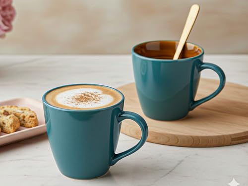Image of Bodhi House Handcrafted Ceramic Coffee Mug Set of 2 Pieces (350 Ml), Stoneware Tea Cup, Microwave Safe Large Milk Mug, Glossy Finish, Ideal for Daily use, Casual Gatherings and Gifting, Cyan