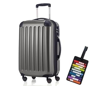 Hauptstadtkoffer - Alex Handgepäck Kabinentrolley Bordgepäck Hartschalen-Koffer, sehr leicht, Zahlenschloss, 55 cm, 42L, Titan + Design Kofferanhänger