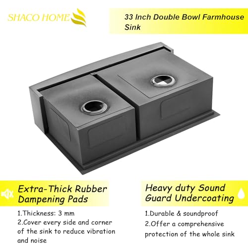 Image of SHACO Double Bowl 60 /40 Black Farmhouse Sink, 33x22 Inch Stainless Steel Apron Front Divided Double Basin Farmhouse Kitchen Sink, Gunmetal Black Farm Workstation Sink