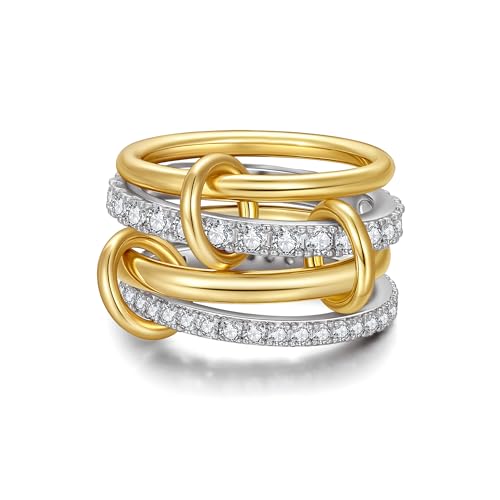 TLY Gold Silver Stackable Rings for Women Mixed Metal Interlocked Statement Ring Stack 14K Gold Plated Cubic Zirconia Fashion Two Tone Connected Bands Size 4-11