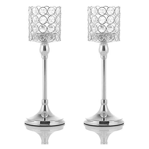 VINCIGANT Tealight Candle Holder, Candlestick Holders for Tables, Crystal Ornaments for Living Room Table Centerpieces, (Silver 2Pcs 30cm Tall) Cover