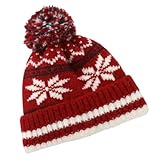 DMMWCX Hat Classic Snowflake Jacquard Winter Hat, Solid Color Women's Warm Pom-Pom Knit Hat-Red-56-60Cm