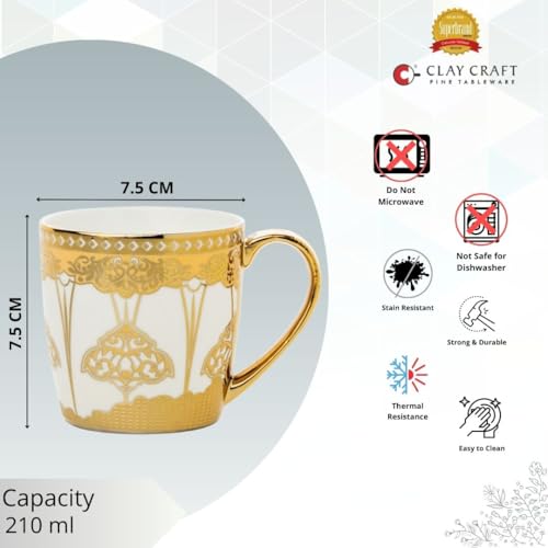 Image of Clay Craft Fine Ceramic Tea & Coffee Cups Set with Gold Detailing| 210 Ml Elegant Designer Cups for Home & Gifting | Premium Finish| Classic Pattern| Comfortable Handle