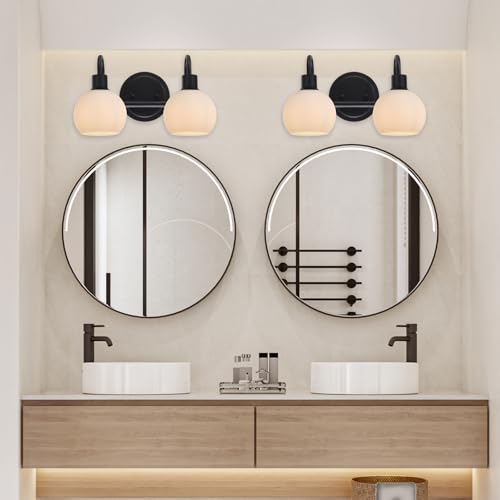 Image of 2-Light Black Bathroom Light Fixture, Milk White Globe Wall Sconce Lamp for Hallway Bedroom Foyer Cabinets, Modern Vanity Lights E26 Socket
