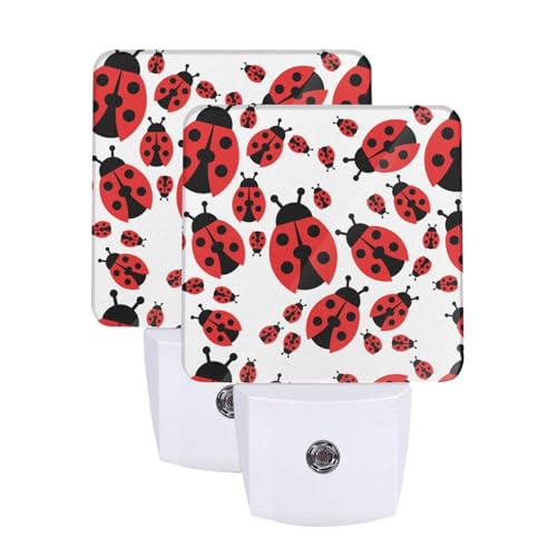 Image of Cartoon Red Ladybug Night Light Set of 2, Auto Sensor LED Dusk-to-Dawn Nightlights, Plug-in Sensor Lamp for Bedroom Bathroom Kitchen Hallway Stairs Decorative