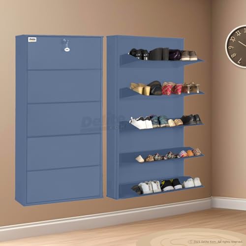 Image of DELITE KOM 29 Inch Wide, 5 Shelf Metal Shoe Rack Wall Mounted for Home with Central Lock Holds Upto 18 Shoes or 30 Slippers Pair | 1 Year Warranty | (67 x 29 x 5, Graphite Grey) DIY Space Saving