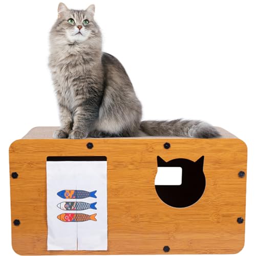 FURYAOT 猫 爪研ぎ 段ボール キャットハウス 組立簡単 グッズ ダンボール カリカリ 隠れ家 6面 猫窓 鯉柄のれん 耐久性 耐摩耗 通気 ストレス解消 運動不足改善 インテリア (大型鯉スタイル-55*29*29cm)