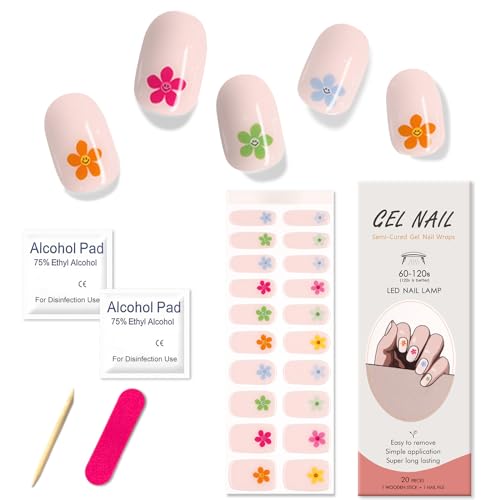 Boloshine 20Pcs Tiras de Uñas de Gel Semi-Curado, Pegatinas Uñas Semipermanente, Autoadhesivas Uñas Gel Pegatinas UV, Cubierta Completa Manicura Francesa Requiere Lámpara UV/LED, Hada de las Flores