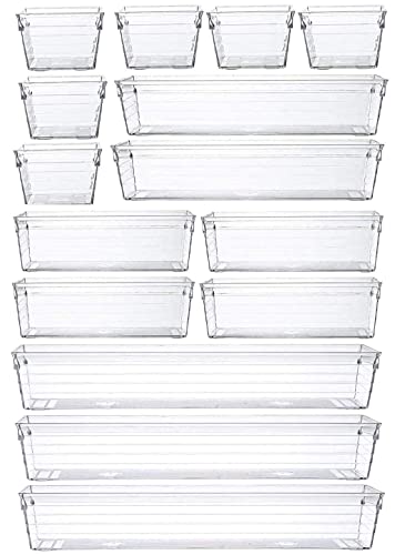 Grace Store 15 PCS Clear Plastic Drawer Organizer Tray for Makeup, Kitchen Utensils, Jewelries, and Gadgets