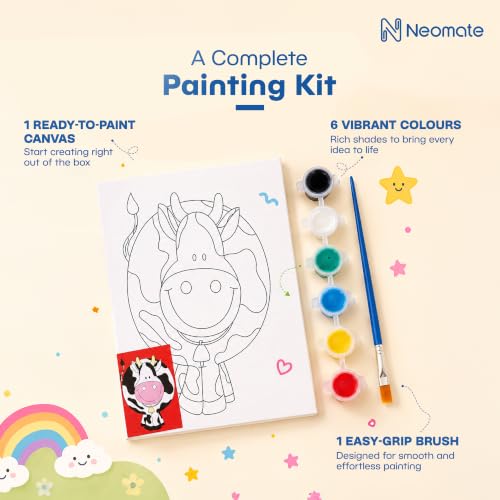 Image of Neomate Canvas Painting Kit for Kids | DIY Painting Set with 1 Printed Canvas, 6 Acrylic Paint Pots & Brush | Art and Craft Kit, Paint Kit for Kids, Birthday Gift, Return Gift, Creative Activity Set