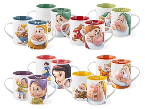 HOMe Disney – Set 12 Tazze Mug POP in New Bone China, 330 cc – Biancaneve e i Sette Nani, Personaggi Assortiti, Lavabili in Lavastoviglie e Idonee al Microonde