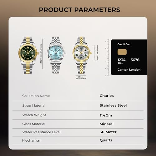 Image of Carlton London Charles Men Analog Watch, Round Dial, Stainless Steel Strap, Quartz Movement, 40 mm Case, Premium Thick Design, 30M Water Resistant, Formal Casual Wear